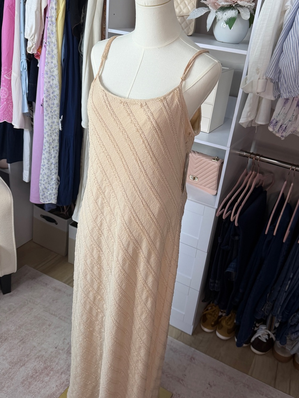No Boundaries Beige Knit Maxi Slip Dress with Adjustable Straps